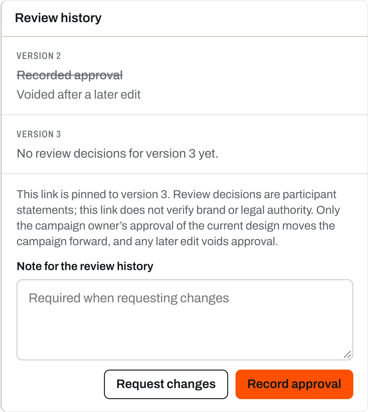 The shared link’s review history: version 2’s approval voided after a later edit, version 3 awaiting a decision, with Request changes and Record approval
