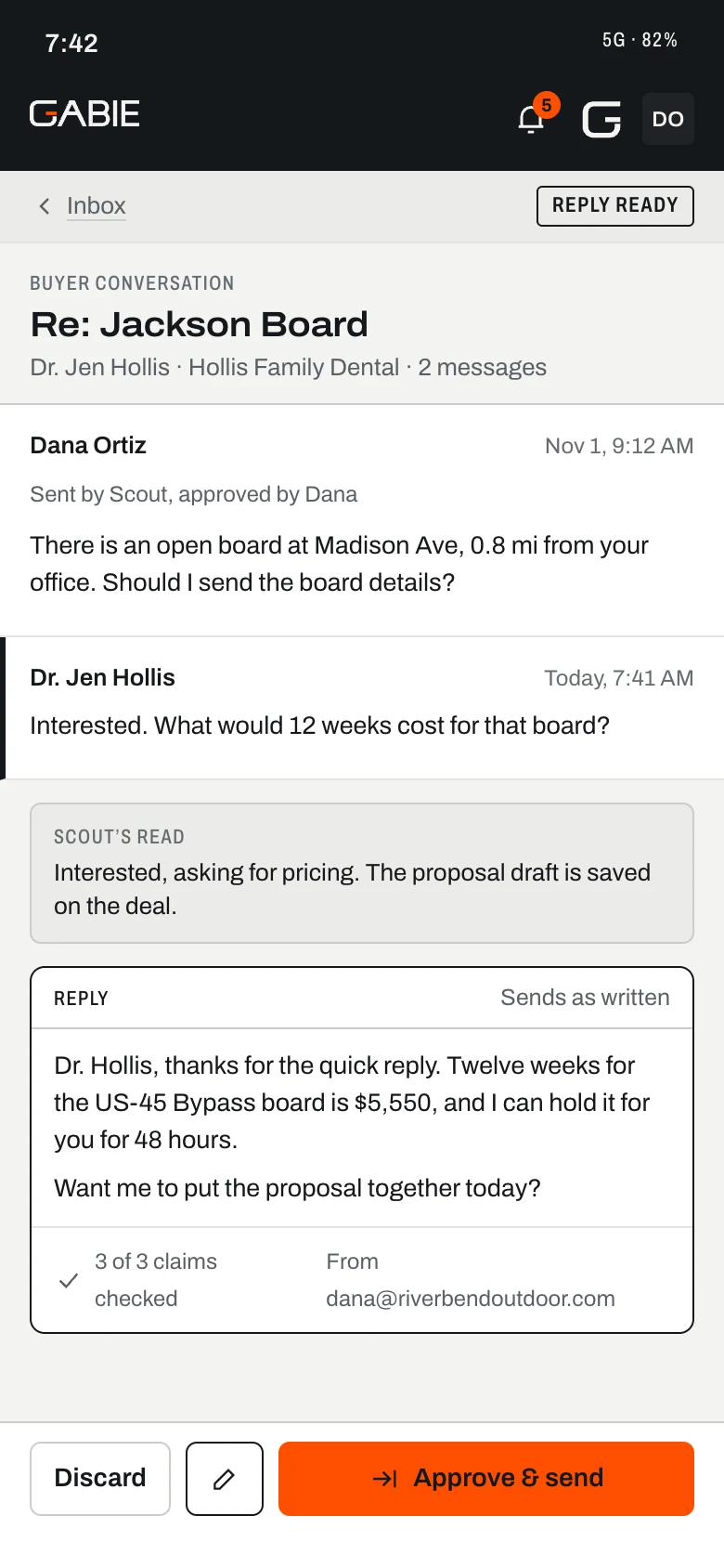 Gabie on a phone: a buyer’s reply and the answer ready to approve