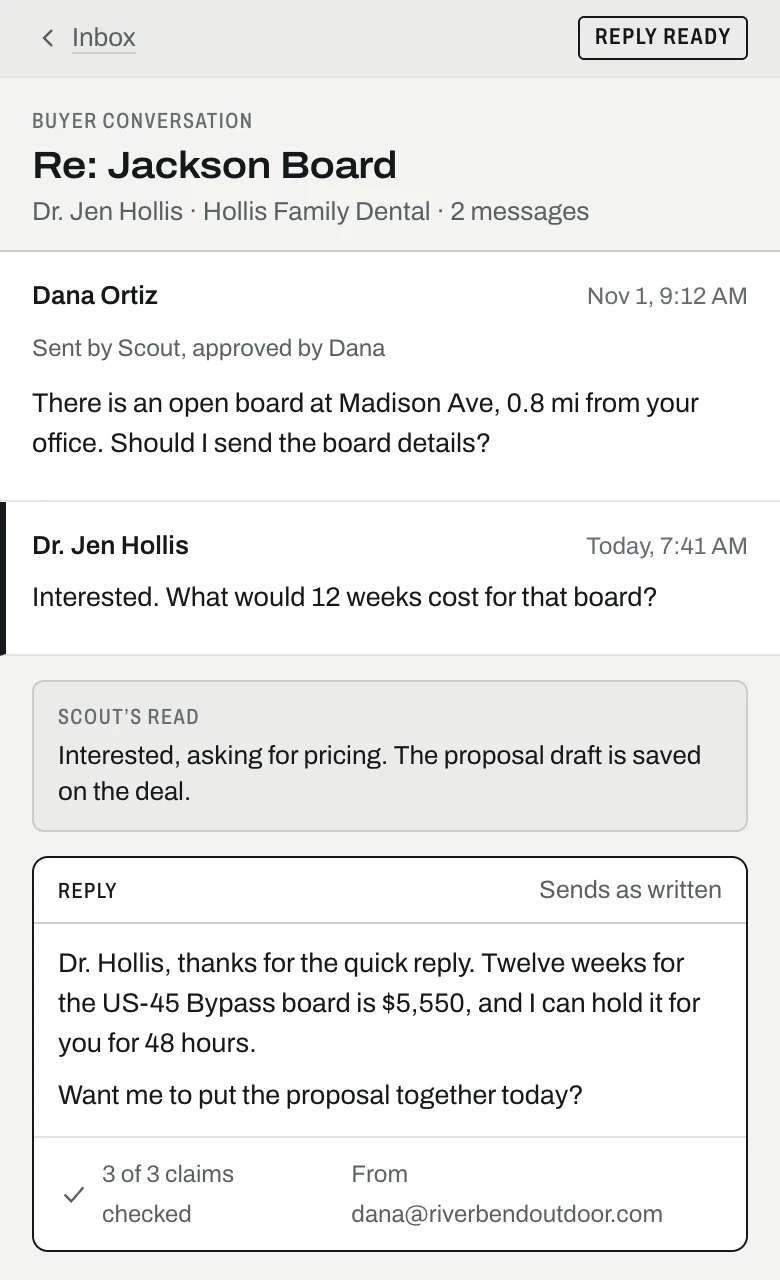 Gabie’s Inbox: buyers who replied interested to Scout’s emails, with the answer already drafted and ready to approve and send
